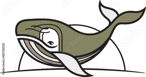 Minimalist green whale vector illustration in clean cartoon style mascot design on white background