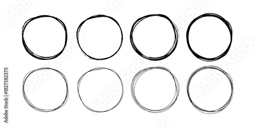 Set of Eight Hand-Drawn Doodle Circles and Sketch Frames on White Background