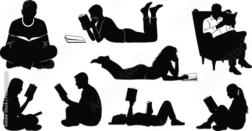 Reading silhouettes, relaxed poses, leisure activity, book lovers, education concept, sitting and lying positions, literacy theme, vector design, study time, quiet moment, posture, focus