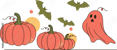 Whimsical hand drawn halloween illustration featuring a group of friendly pumpkins a playful ghost and several flying bats against a clean white background with abstract colorful shapes
