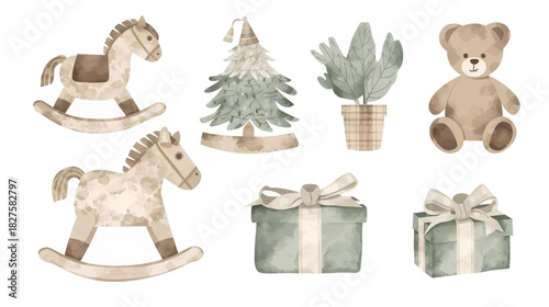 Watercolor illustration of festive holiday elements featuring a rocking horse, Christmas tree, gifts, teddy bear, and potted plant, perfect for seasonal designs.
