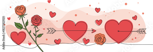 Romantic illustration of red hearts pierced by arrows with roses and scattered smaller hearts against a soft pink abstract background symbolizing love and affection