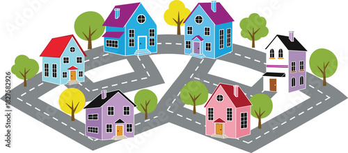 Stylized Cartoon Houses, Intersecting Roads, and Trees on a Curvy Suburban Community Layout. Bright Real Estate Graphic Design.