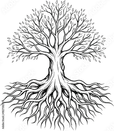 Elegant tree of life illustration with detailed roots and branches on white