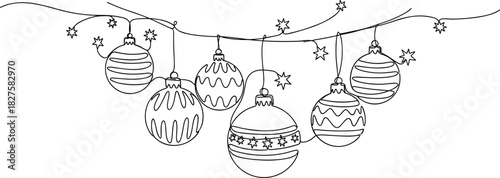 Minimal One Line Christmas Card with Hanging Baubles and Stars.