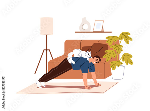 Man stands in plank position with cat on his back. Boy practices push ups with cute pet. Athlete is training at home. Person does sports exercise at workout. Flat isolated vector illustration on white
