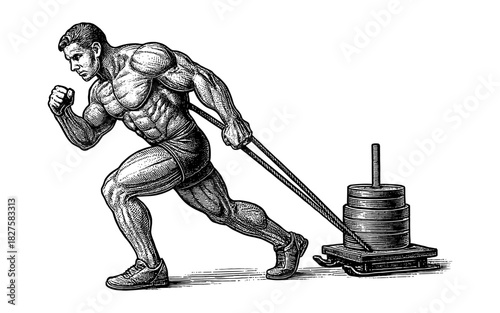 Athletic man pulling weighted sled in detailed black and white line art