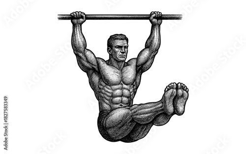 Engraved style bodybuilder performing l-sit on pull-up bar