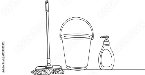 Minimal One Line Illustration of Cleaning Service Tools.