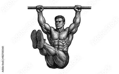 Strong man performing hanging leg raises in black and white etching style