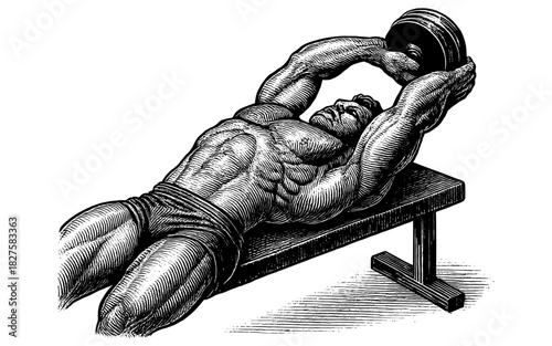 Intricate engraving of bodybuilder performing dumbbell pullover on bench