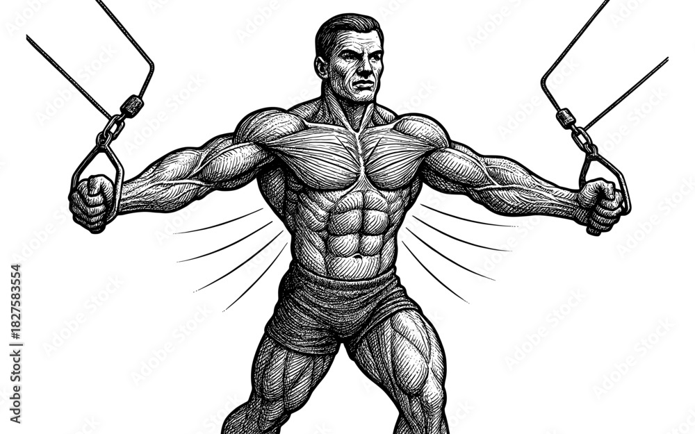 Fototapeta premium Vintage style engraved male bodybuilder exercising with cables