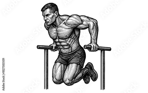 Strong man performing dips in detailed black and white engraving art