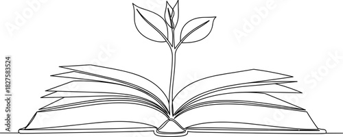 Minimal One Line Open Book with Growing Sprout.