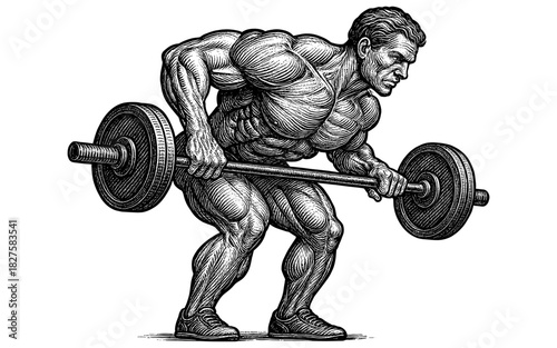Vintage style male bodybuilder lifting weights in detailed engraving art