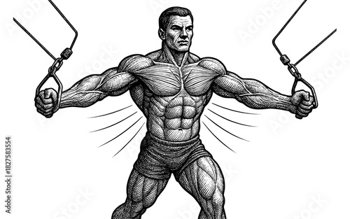 Vintage style engraved male bodybuilder exercising with cables
