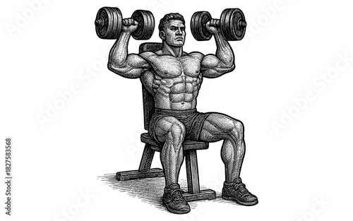 Detailed engraving style fitness man lifting dumbbells in a seated press exercise