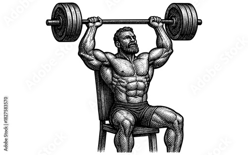 Strongman performing seated barbell shoulder press in detailed vintage art style