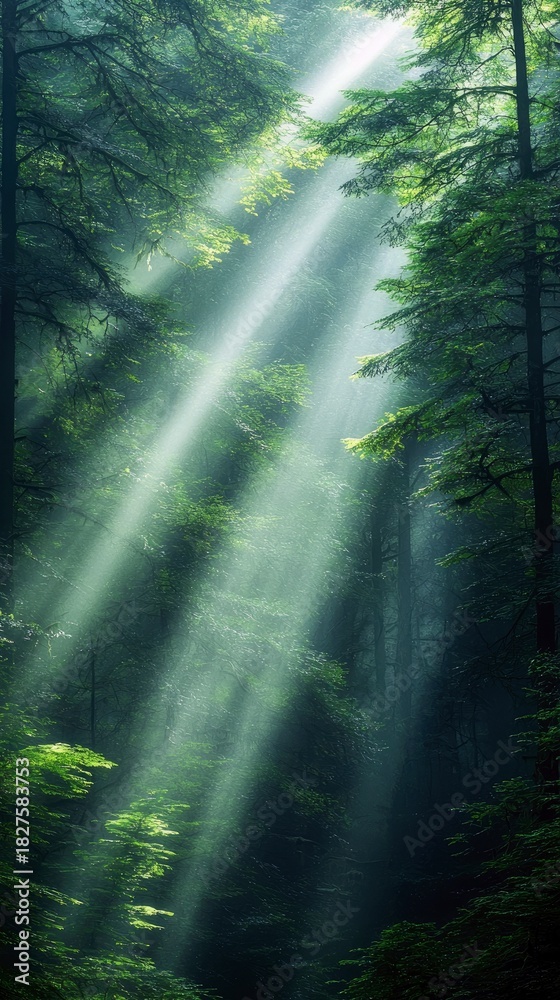 Obraz premium A beautiful forest scene with sunlight streaming through the trees, creating a mystical and serene atmosphere. The image showcases the natural beauty of the for