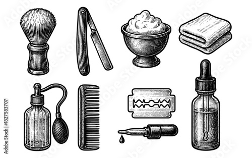 Vintage grooming tools set with razor, brush, and comb in retro style
