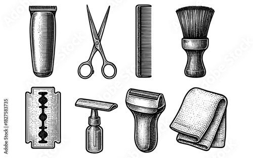 Vintage barber tools collection with scissors, razor, and brush in detailed retro style