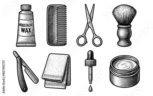 Vintage barber tools collection in detailed engraving style