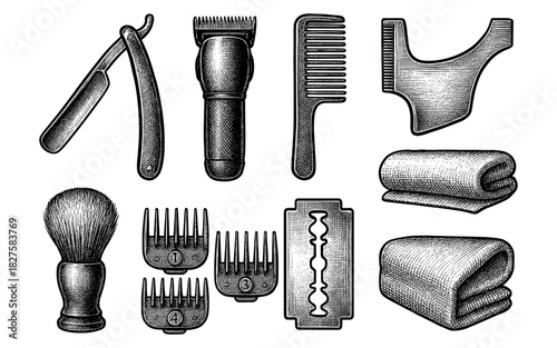 Vintage grooming tools set featuring shaving and haircut accessories