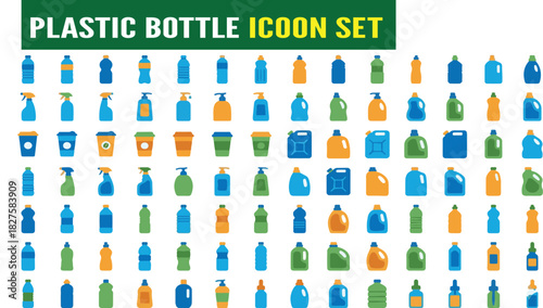 Plastic Packaging and Bottle Vector Icon Set: Colorful and Black Line Art Symbols for Recycling, Retail, Liquid Containers, and Waste Management