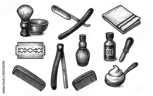 Vintage barber tools collection with shaving brush, razor, towel, and comb in retro style