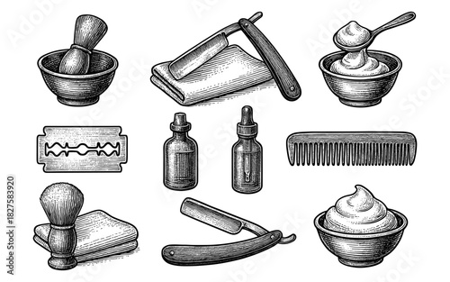 Vintage barber tools collection with engraved style elements for grooming and shaving
