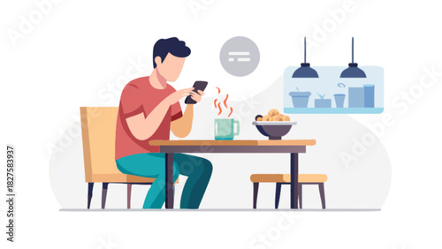 Man using smartphone at breakfast table illustration vector design graphic lifestyle communication technology