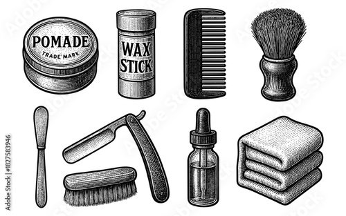Vintage barber tools set in retro engraved style for grooming enthusiasts