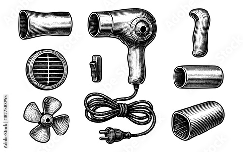 Vintage hair dryer and parts in black and white engraving style