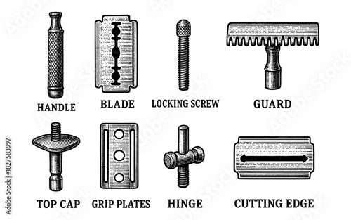 Vintage shaving tool diagrams with detailed parts and labels in black and white engraving style