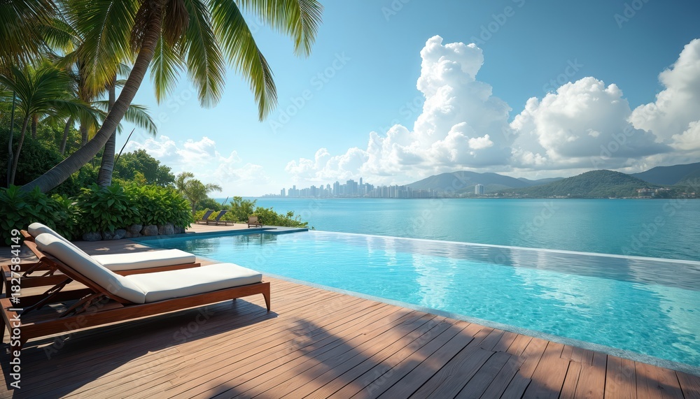 Fototapeta premium Infinity pool overlooks bright blue ocean bay with distant city skyline and green hills. Palm trees and lounge chairs frame wooden deck under clear sky.
