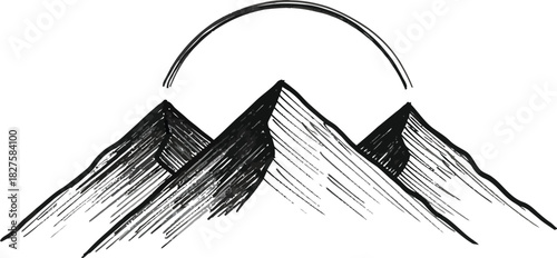 Minimalist mountain range illustration with a rising sun in black and white