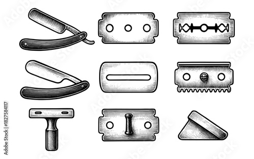 Vintage barber tools collection featuring razors and blades in engraved style