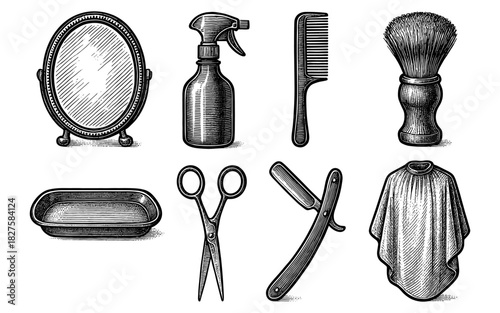 Vintage barbershop tools collection: mirror, scissors, comb, and shaving accessories in classic style