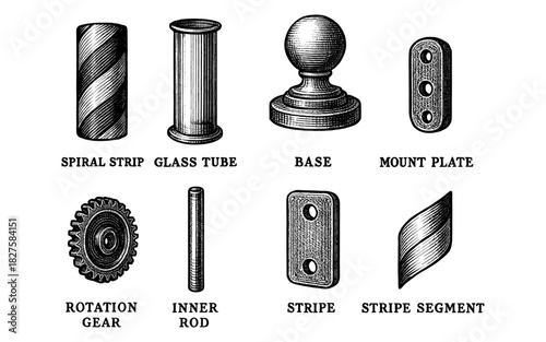 Vintage engraved mechanical parts collection with labels
