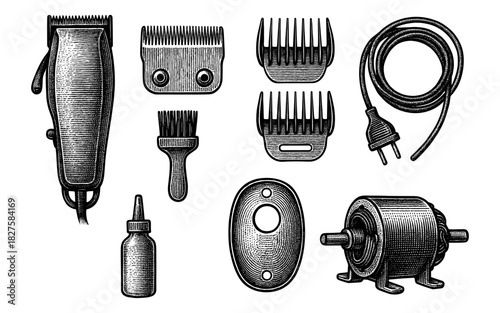 Vintage barber tools set: clippers, attachments, brush, cord, and motor in detailed engraving style