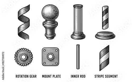Vintage mechanical components sketch: engraved parts and textures