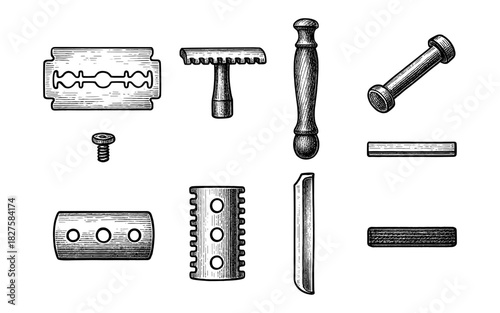 Vintage shaving tools engraving collection with razor blades and handles