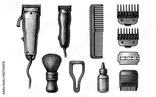 Vintage barber tools set in engraved style for retro grooming and haircut designs