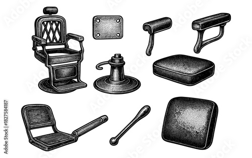 Vintage barber chair parts set in engraved style