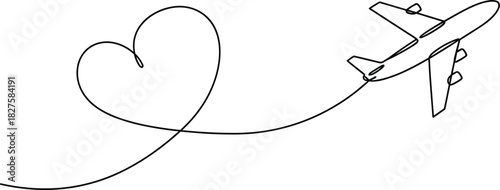 One Line Airplane Route with Heart-Shaped Path.