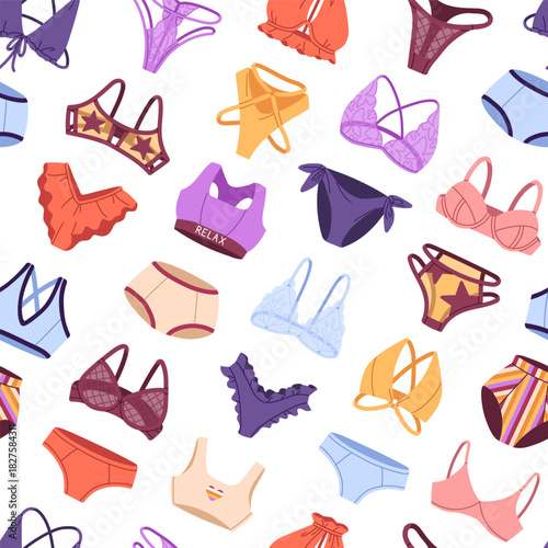 Repeatable pattern of fashion female lingerie and bikinis. Endless background of women underwear- sexy bra and panties, sports underclothes and stylish thongs. Flat seamless vector illustration