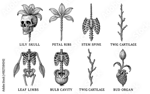 Floral anatomy: fusion of human skeleton and plant elements in detailed blackwork art