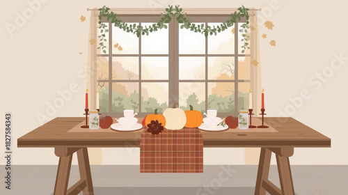 A beautifully decorated dining table is set for a cozy autumn gathering, featuring pumpkins, candles, and a scenic window view.