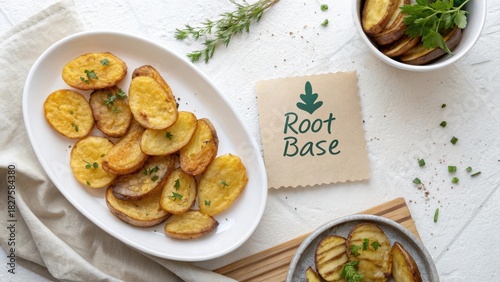 Overhead flat lay of baked potato slices with herb garnish