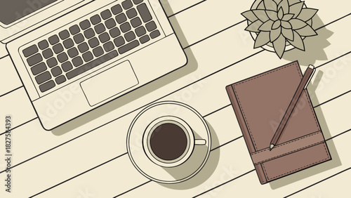 Workspace with laptop coffee notebook and plant for productivity and inspiration in office setting scene